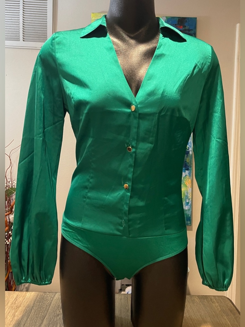 bebe Emerald Green Satin Bodysuit Blouse with Gold Buttons, Size Medium